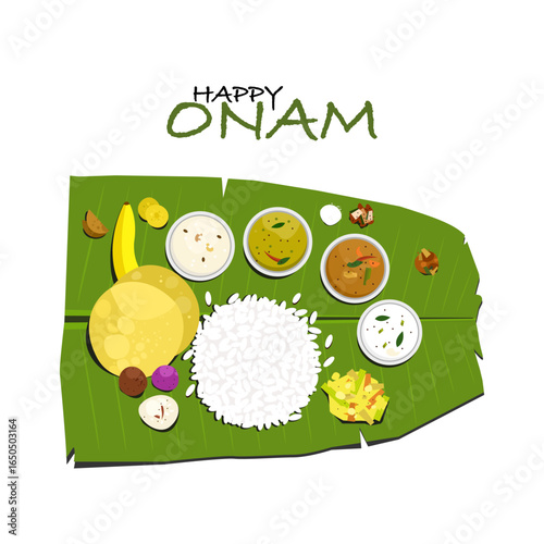 Illustration of traditional Kerala meals on a banana leaf