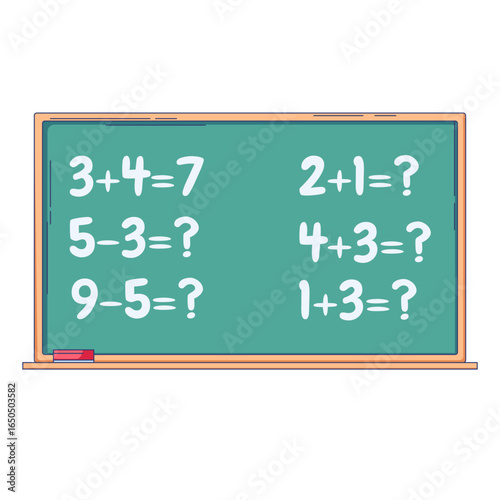 Classroom chalkboard with simple addition and subtraction problems. Cartoon style with bold outlines—ideal for education themes, math lessons, worksheets, and school stationery designs.