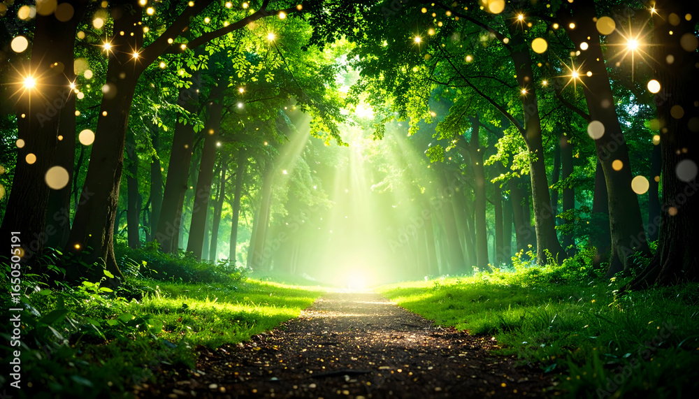 Obraz premium Sunlit Path Leading Through a Lush Green Forest with Sparkling Lights in the Background