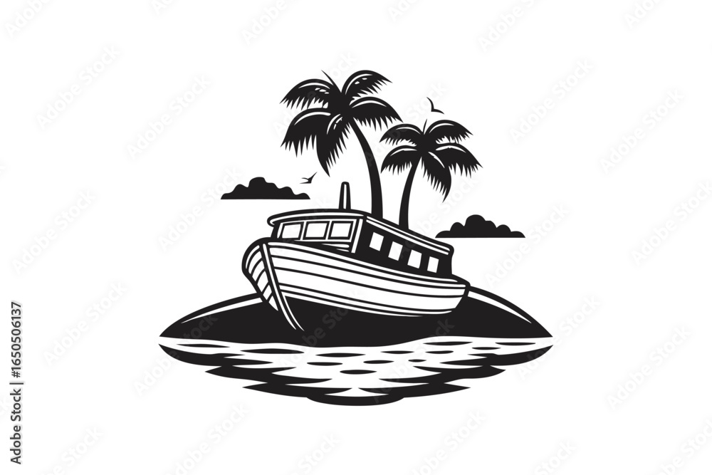 Fototapeta premium Boat and Anchor Icon with Palm Trees in on White Background