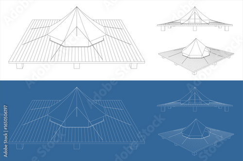 Vector blueprint of glamping yurt tent on wooden platform