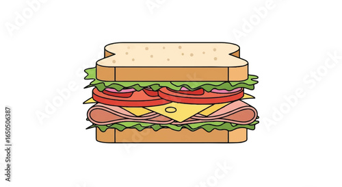 A colorful cartoon illustration of a stacked deli sandwich with ham cheese lettuce and tomato.
