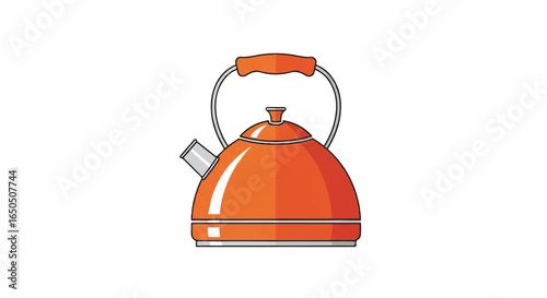 A shiny orange stovetop tea kettle with a curved metallic handle and spout.