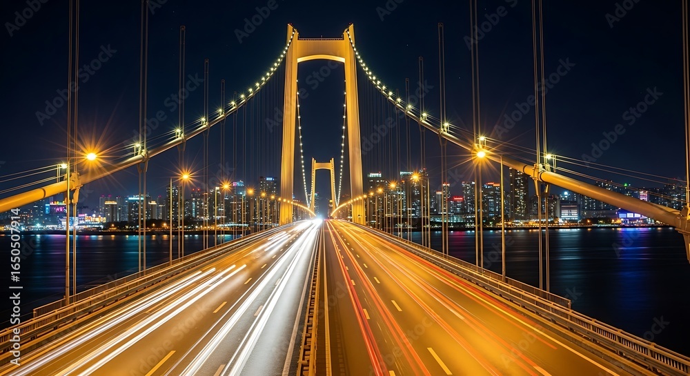 Naklejka premium Luminous bridge at night with blurred car lights and cityscape backdrop providing a modern urban