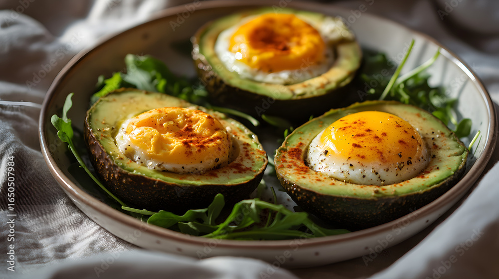 Avocado Halves Stuffed with Baked Eggs and Garnished with Arugula Avocado Halves Stuffed with Baked Eggs and Garnished with Arugula