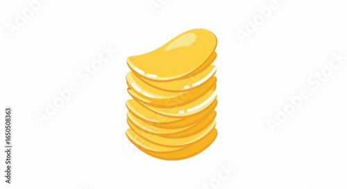 A stylized cartoon illustration of a tall stack of golden yellow saddleshaped potato chips with shiny highlights.