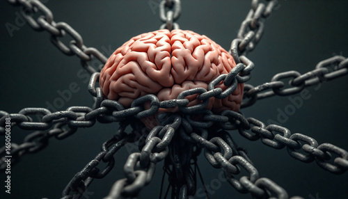 Human brain tied up and restricted by metal chains