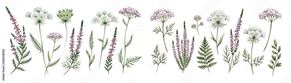 Naklejka premium A vibrant collection of various wildflowers in pink and white hues, displaying nature's beauty.