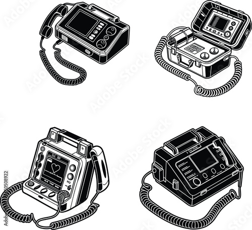 "Black and white vector illustration set of defibrillator machines with screens and cables for emergency healthcare"