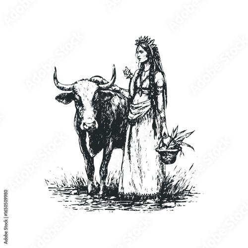 Woman in ceremonial attire with crown and bull in grassy field