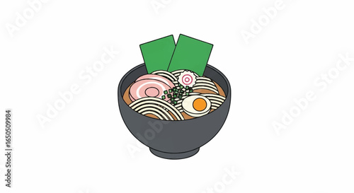 Cartoon illustration of a Japanese ramen bowl with chashu pork nori and a boiled egg.
