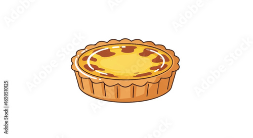 Cartoon illustration of a golden egg tart with a flaky fluted crust and a glossy caramelized custard filling.