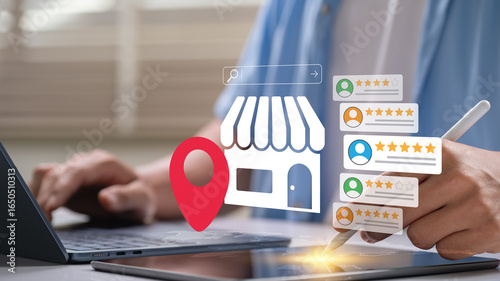 Fotografie Local search marketing concept with customer review rating, store location icon,