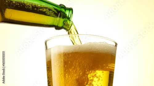 Green bottle pouring golden lager into clear glass with foam beer