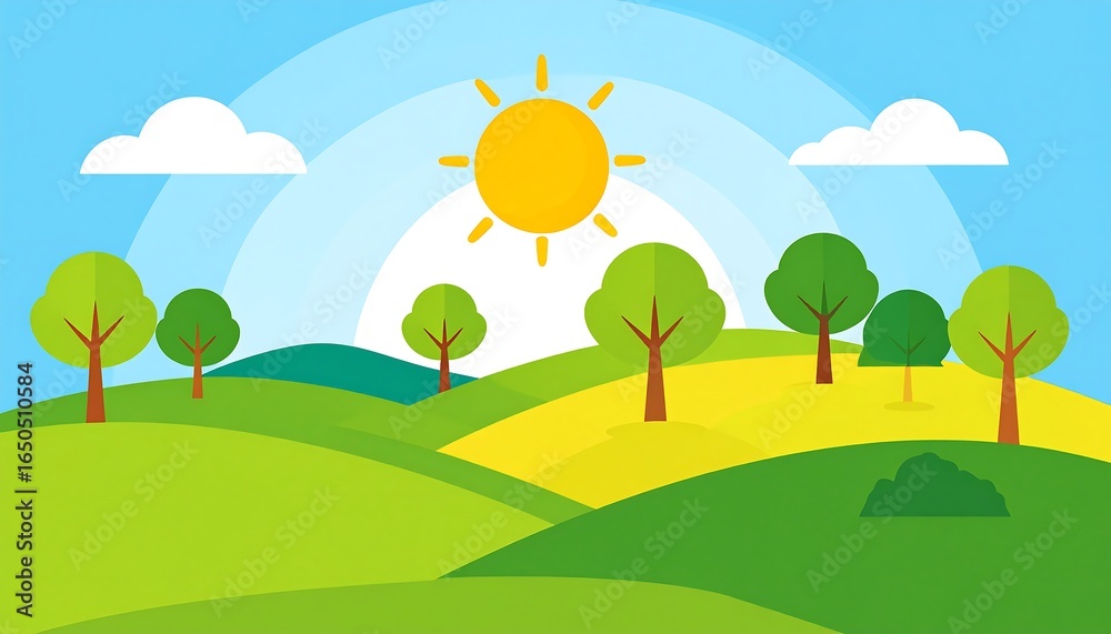 Fototapeta premium Sunny Hills Landscape Illustration. (1)