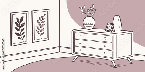 Minimalist living room decor with wooden commode, ceramic vase with eucalyptus, accessories, and a mock-up poster frame on the wall pink background.