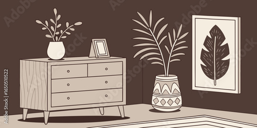 Minimalist living room decor with wooden commode, ceramic vase with eucalyptus, accessories, and a mock-up poster frame on the wall red background.