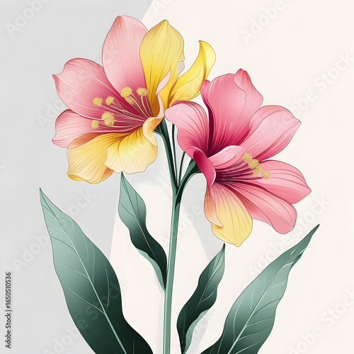 Beautiful Pink and Yellow Flowers with Green Leaves on White Background