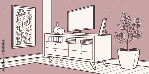 Minimalist living room decor with wooden commode, ceramic vase with eucalyptus, accessories, and a mock-up poster frame on the wall pink background.