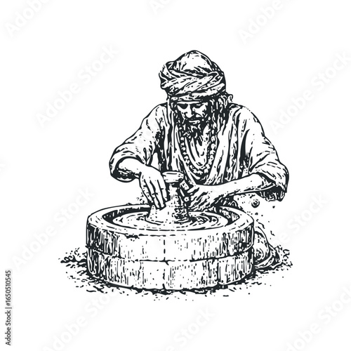 Man operating an ancient grinding stone with focused intensity