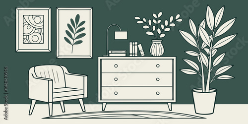 Minimalist living room decor with wooden commode, ceramic vase with eucalyptus, accessories, and a mock-up poster frame on the wall green background.