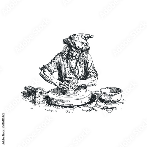 Skilled artisan shaping clay on a pottery wheel with traditional tools