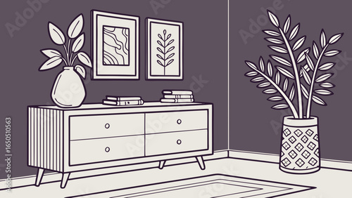 Minimalist living room decor with wooden commode, ceramic vase with eucalyptus, accessories, and a mock-up poster frame on the wall purple  background.