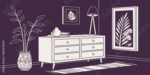 Minimalist living room decor with wooden commode, ceramic vase with eucalyptus, accessories, and a mock-up poster frame on the wall dark  background.