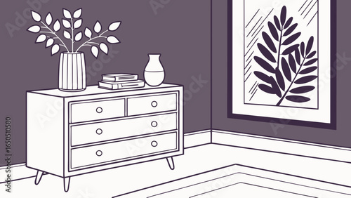 Minimalist living room decor with wooden commode, ceramic vase with eucalyptus, accessories, and a mock-up poster frame on the wall purple  background.