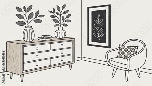 Minimalist living room decor with wooden commode, ceramic vase with eucalyptus, accessories, and a mock-up poster frame on the wall isolated  background.