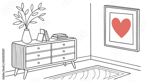 Minimalist living room decor with wooden commode, ceramic vase with eucalyptus, accessories, and a mock-up poster frame on the wall isolated heart background.