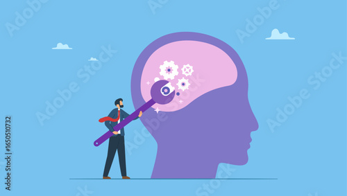 Man using wrench adjust gear cogwheels in human brain. Brain intelligence, fix or adjust creativity thinking, wisdom or improve knowledge learning, tune attitude level or idea development.