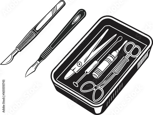 "Black and white vector illustration of surgical tray with medical instruments including scissors, scalpel, forceps, and needle"