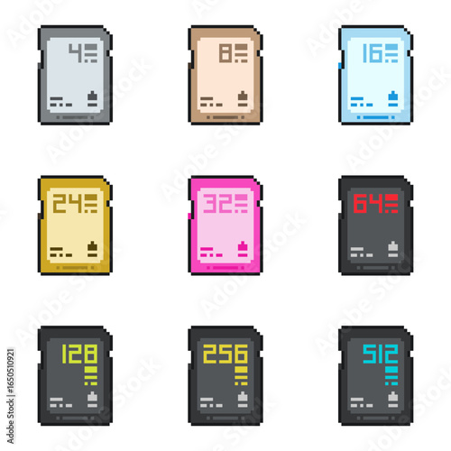 Colorful SD Card in Variant Sizes, Pixel Art Style Icon Set