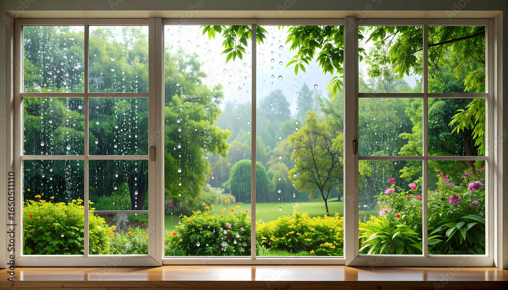 Naklejka premium Rainy day garden view through window
