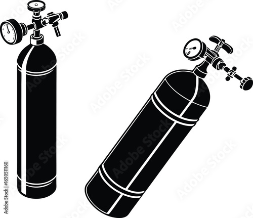 "Black and white vector illustration of oxygen gas cylinders with pressure gauge and valve for medical and industrial use"