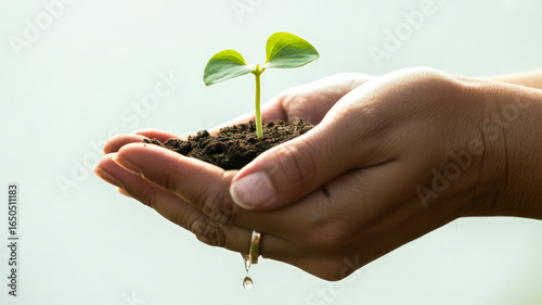 Hands holding young plant with soil and water droplet seedling sprout