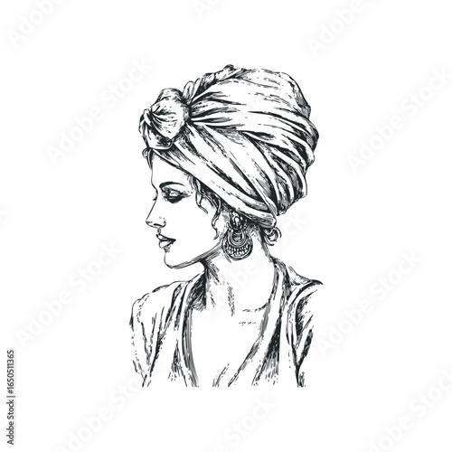 Elegant Woman Wearing Turban and Ornate Earrings Sketch Portrait