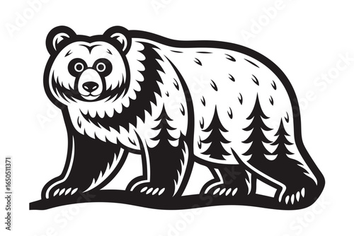 Forest with Bear on White Background Silhouette Design