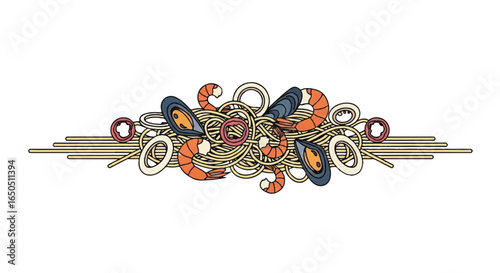 Colorful line art illustration of seafood spaghetti with shrimp mussels and calamari rings.
