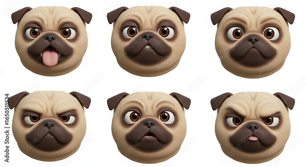 Fototapeta premium Pug dog faces set various emotions