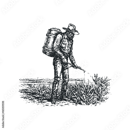 Farmer wearing a hat and mask sprays a field with pesticide using a backpack sprayer