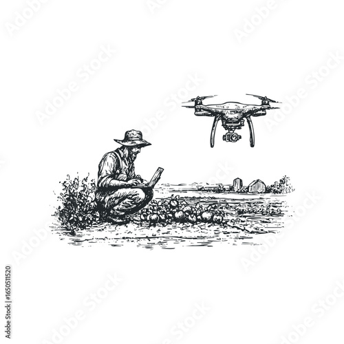Farmer uses laptop to control drone surveying crops in field