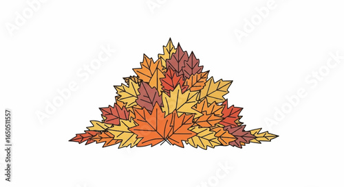 Colorful pile of handdrawn autumn maple leaves in warm orange yellow and red tones.