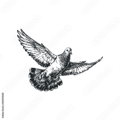 Detailed sketch of a pigeon in flight with wings spread wide against a white background
