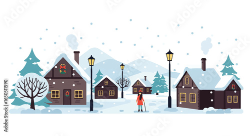 Cozy winter village scene with snowcovered houses festive wreaths and falling snow.