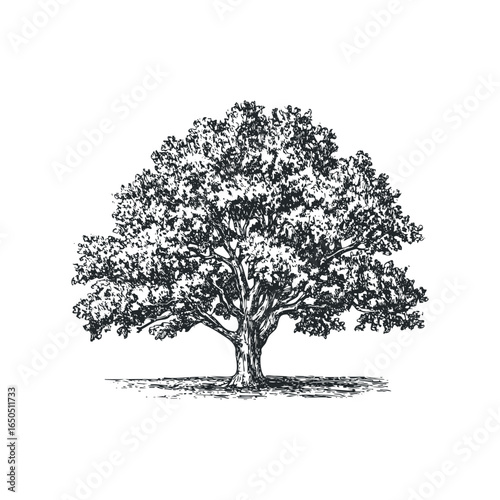 Detailed Hand Drawn Oak Tree with Lush Foliage Isolated on White