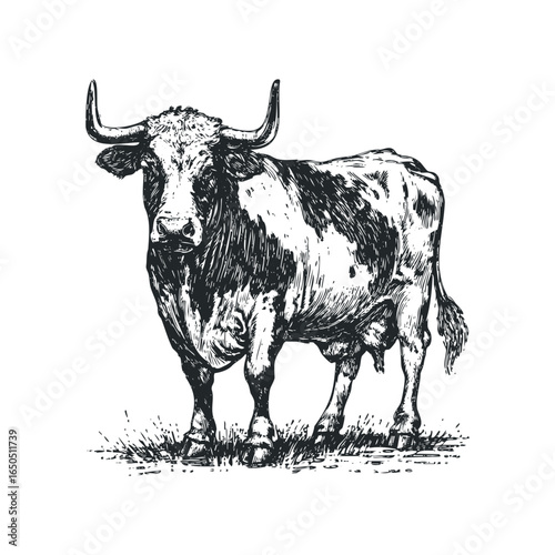 Detailed ink drawing of a powerful bull standing in grass