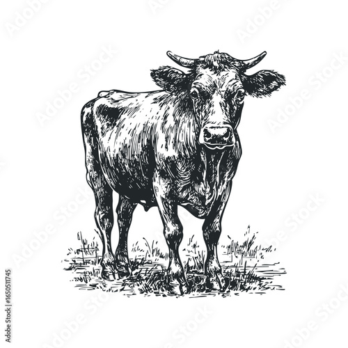 Farm Animal Livestock Cow Standing in Grassy Field with Horns
