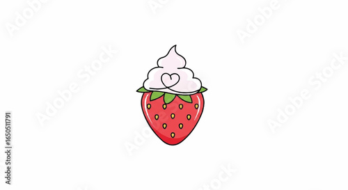Cute cartoon strawberry with a swirl of pink whipped cream and a continuous line art heart.